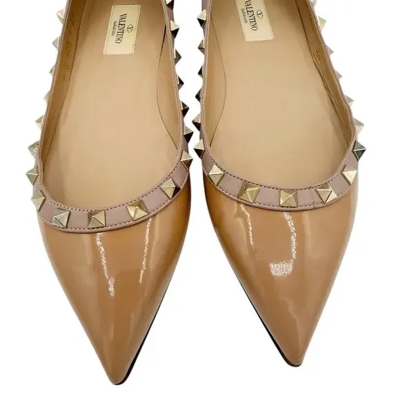 Valentino Garavani Rockstud Ballet Flat Shoes Nude Patent Leather Size 39 US 9 - Picture 4 of 15